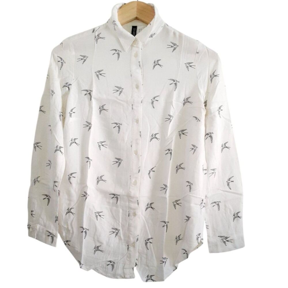 White Swallow Bird Black Print Relaxed Fit Button Divided by H&M Viscose Shirt 2